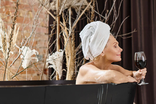 relaxed and cheerful middle aged woman with towel on head holding glass of red wine and taking bath