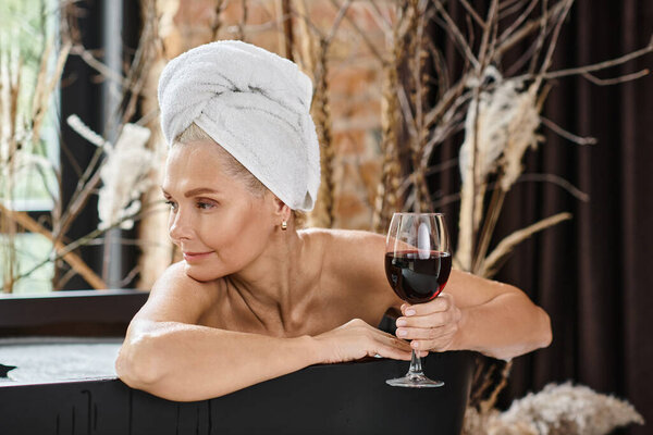 relaxed middle aged woman with white towel on head holding glass of red wine and taking bath