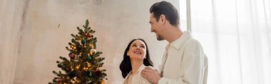 Yumuşak evdeki mutlu evli çift modern apartman ve pankartta Noel ağacı takıyor.