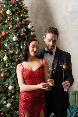 Güzel, varlıklı, resmi ve şık elbiseli çift Noel ağacının yanında parlak maytaplar tutuyorlar.