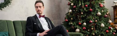 well-dressed man with beard wearing tuxedo with bow tie sitting on sofa near Christmas tree, banner clipart