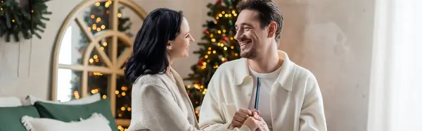 自宅で幸せなカップルのバナーは手を握り クリスマスツリーの近くでお互いを見ています — ストック写真