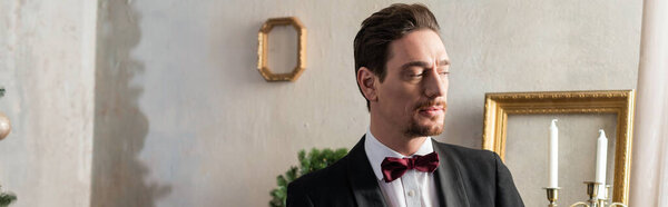 богатый человек в формальной одежде с бабочкой глядя в сторону и стоя в роскошной квартире, баннер