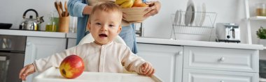 joyful child in baby chair looking at ripe apple near mother with bowl of fresh fruits, banner clipart