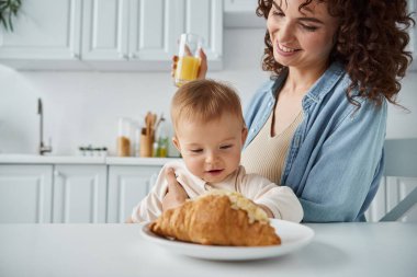 Yanında taze portakal suyu bardağıyla mutlu bir kadın mutfaktaki ayçöreğine bakıyor.