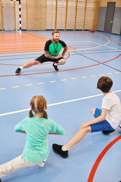 A diverse group of children working out in gym