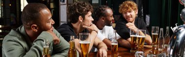 banner of multicultural men spending time together, chatting and drinking beer, male friends in bar clipart