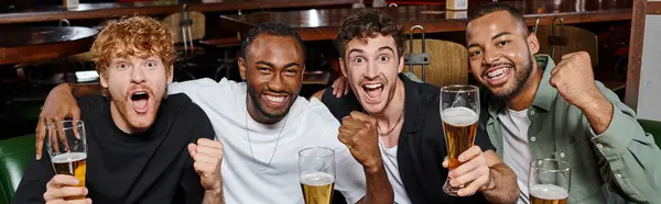 Banner Excited Interracial Friends Cheering Glasses Beer Bar Men Bachelor — Stock Photo, Image