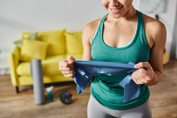 Cropped View Young Smiling Woman Sportswear Holding Resistance Band Front — Stock Photo, Image