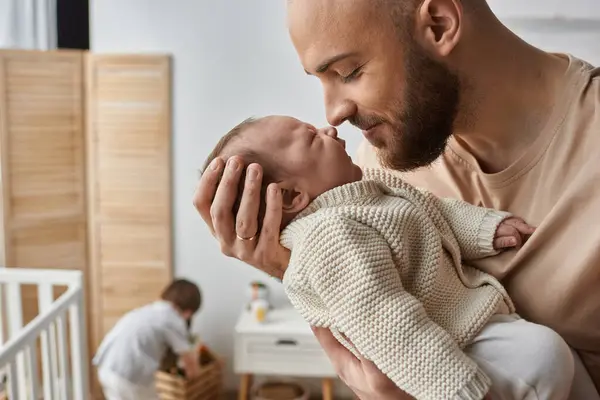 Focus Father Holding Lovingly His Newborn Baby His Little Son — Stock Photo, Image