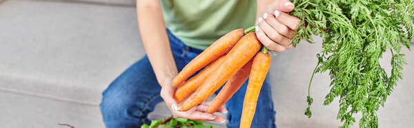 cropped view of woman with bunch of fresh carrots, plant-based vitamin diet, horizontal banner