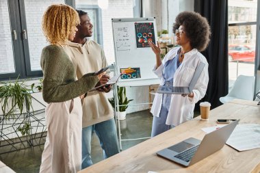 İyi görünümlü arkadaşlar aktif olarak projelerini açıklıyorlar ve birbirlerine gülümsüyorlar, iş konsepti.
