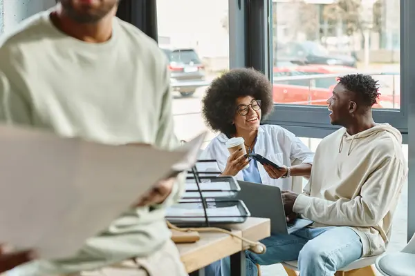 stock image cropped view of african american man with his friends working on backdrop, coworking concept