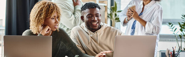 two young people with cropped view of their friends talking on backdrop, business concept, banner