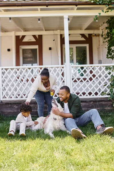 Οικογενειακές Στιγμές Χαρούμενους Αφροαμερικανούς Γονείς Και Σγουρός Γιος Παίζουν Σκυλί — Φωτογραφία Αρχείου