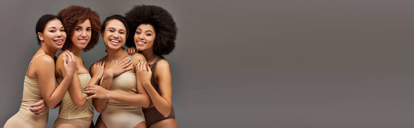 Appealing happy african american women in comfy underwear having great time together, banner