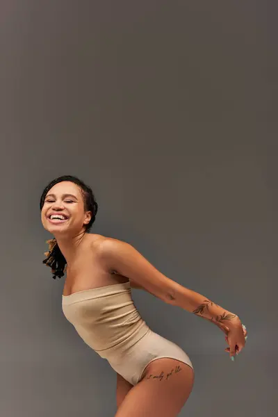Joyful African American Female Model Beige Pastel Underwear Having Great — Stock Photo, Image