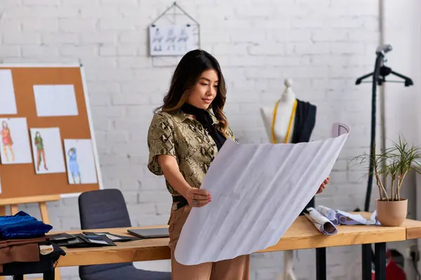 Thoughtful Asian Fashion Designer Looking Sewing Patterns Work Desk Modern — Stock Photo, Image