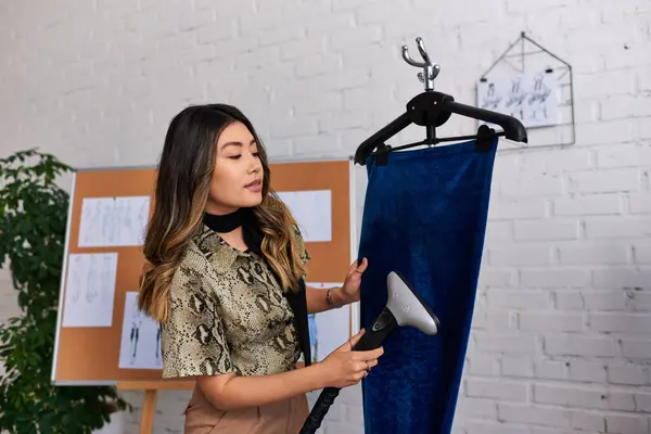 Successful Asian Designer Steaming Trendy Velour Fabric Personal Fashion Atelier — Stock Photo, Image