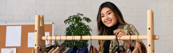 Joyful Asian Dressmaker Smiling Camera Rack Bespoke Clothes Own Atelier — Stock Photo, Image