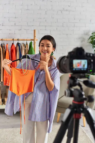 Cheerful Asian Stylist Showing Crop Top Trendy Accessories Fashion Video — Stock Photo, Image