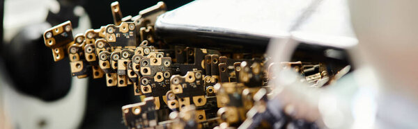 selective focus of electronic chipsets and spare parts in professional workshop, horizontal banner