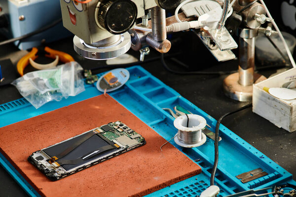 микроскоп через мобильный телефон рядом с устройствами тестирования на столе в ремонтной мастерской, техническое обслуживание бизнеса