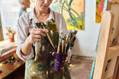 cropped view of mature woman choosing paintbrushes near female friend painting in art workshop clipart