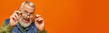 jolly gray bearded mature man in vibrant hoodie and denim vest posing on orange backdrop, banner clipart