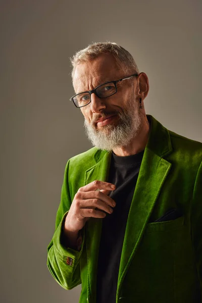 Good Looking Jolly Mature Man Vivid Green Blazer Posing Looking — Stock Photo, Image