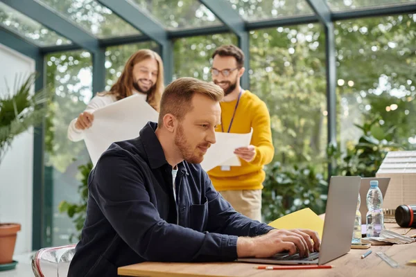 stock image cheerful smart attractive businessmen in casual outfit working hard on their own startup together