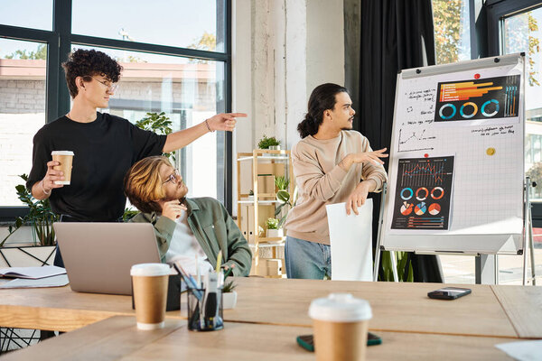 Young businessmen in their 20s brainstorming and analyzing graphs for business strategy