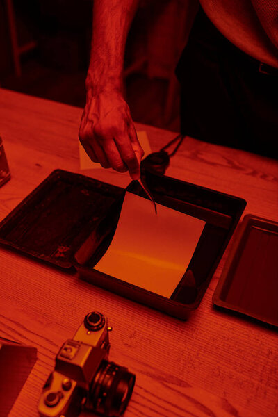 cropped view of photographer delicately immerses photo paper in a darkroom bath with chemicals
