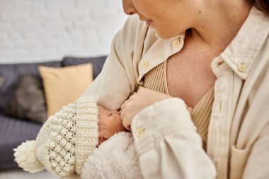 Sevecen, neşeli anne rahat ev kıyafetleri içinde yeni doğmuş çocuğunu emziriyor, modern ebeveynlik yapıyor.