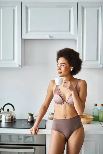 Serene Moment African American Woman Earphones Lingerie Sipping Morning Coffee — Stock Photo, Image