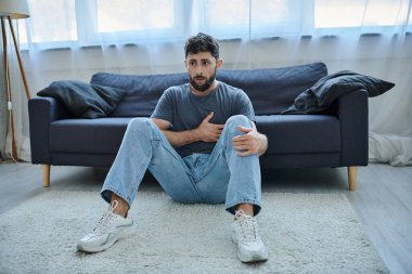 bearded suffering man in casual home wear having severe panic attack, mental health awareness clipart