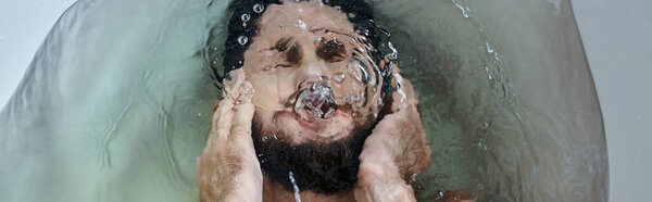 frustrated depressed man drowning in bathtub during breakdown, mental health awareness, banner