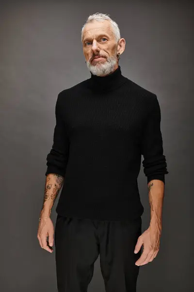 Handsome Fashionable Mature Man Beard Elegant Black Turtleneck Posing Looking — Stock Photo, Image
