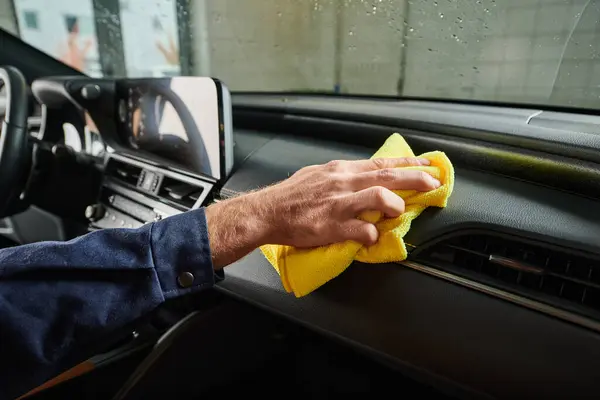 Cropped View Hard Working Specialist Blue Uniform Cleaning Glove Compartment — Stock Photo, Image