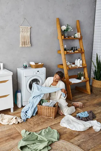 Woman Afro Braids Sits Next Washing Machine Doing Laundry Bathroom — Stock Photo, Image