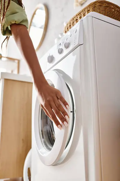 Young African American Woman Inspecting New Washing Machine Stylish Bathroom — Stock Photo, Image