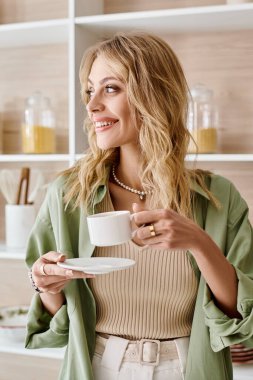 Bir kadın mutfakta elinde fincan ve çay tabağıyla duruyor..