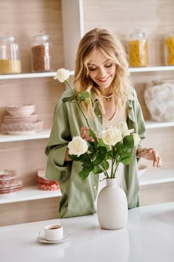 Mutfakta beyaz bir vazoda renkli çiçekler düzenleyen bir kadın..