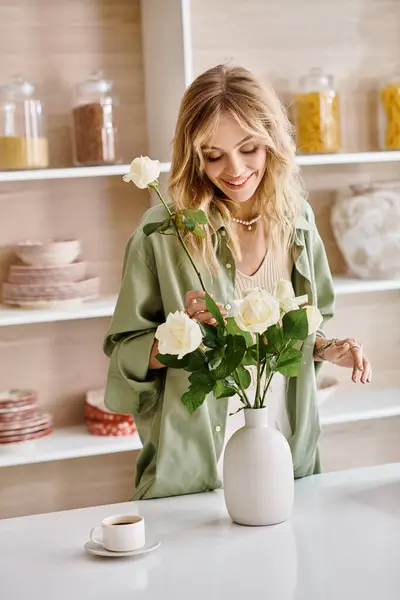 Mulher Organizando Flores Coloridas Vaso Branco Uma Cozinha — Fotografia de Stock