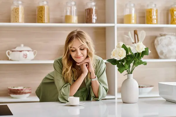 stock image Woman in apartment sitting at kitchen table with vase of flowers.