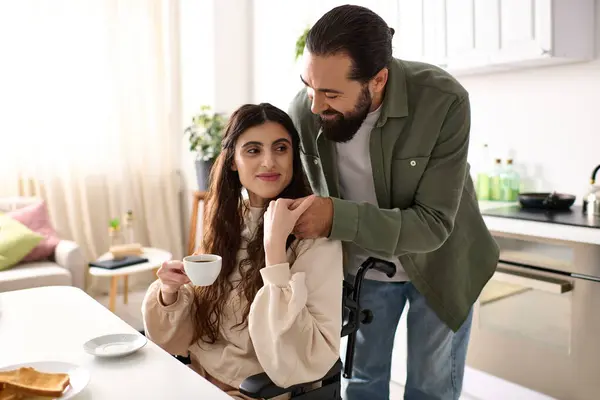 Bearded Loving Husband Hugging His Disabled Pretty Wife Breakfast Kitchen — Stock Photo, Image