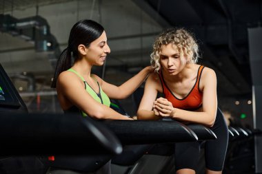 Keyifli, çekici bayan koç ve spor giyimli müşterisi spor salonunda koşu bandında aktif egzersiz yapıyorlar.