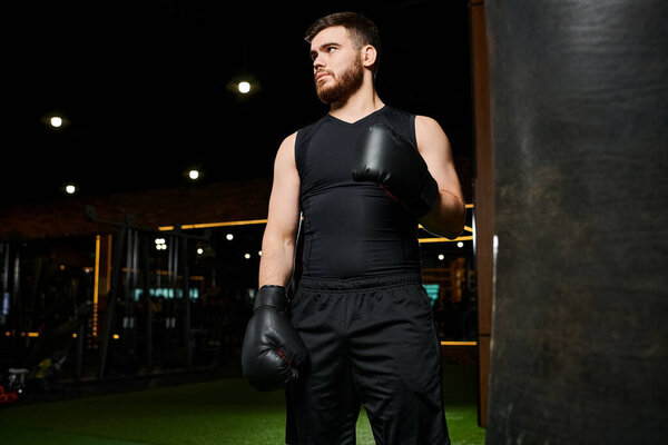 Бородатый мужчина в черной майке бросает удары в висящую боксерскую грушу в спортзале.