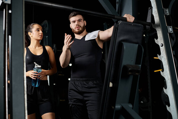A male personal trainer stands next to a brunette sportswoman in a gym, motivating and guiding her through a workout session.