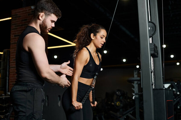 A personal trainer stands next to a brunette sportswoman in a gym, guiding and supporting her during workout sessions.